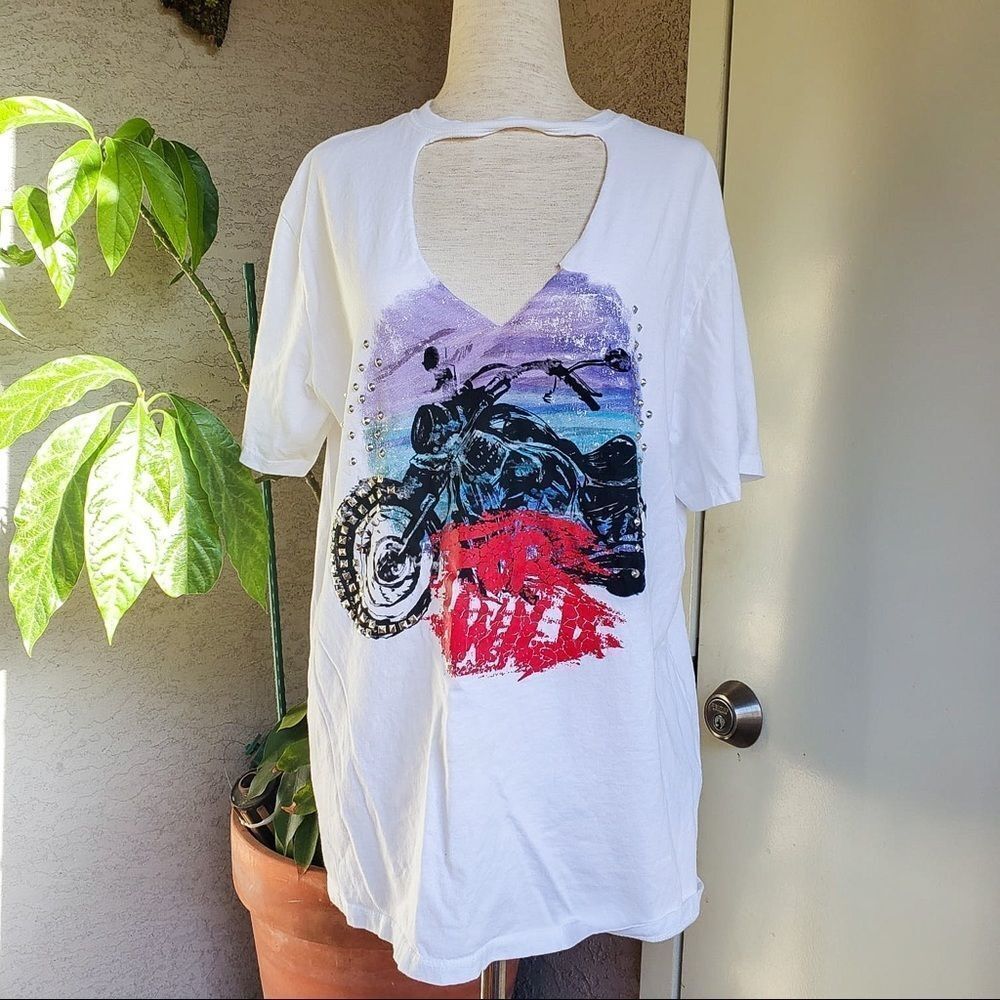 Zara Motorcycle Distressed White Tee